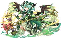 Rule 34 | 1girl, aqua hair, astaroth (p&amp;d), blush stickers, cauchemar (p&amp;d), dress, feathered wings, fishnet gloves, fishnets, gloves, green dress, hairband, headdress, official art, open mouth, puzzle &amp; dragons, see-through, short hair, smile, solo, sparkle, staff, wings, yellow eyes