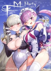 Rule 34 | 2girls, :o, ;d, adapted costume, alcohol, azur lane, bare shoulders, between breasts, blue hair, blush, braid, breasts, cleavage, crystal shoujo, cup, cupping glass, drinking glass, formidable (azur lane), frills, groin, hair ribbon, holding, holding cup, hololive, large breasts, long hair, long sleeves, looking at viewer, minato aqua, multicolored hair, multiple girls, one-piece swimsuit, one eye closed, open mouth, purple eyes, purple hair, red eyes, ribbon, smile, swimsuit, thighhighs, twintails, two-tone hair, two-tone ribbon, very long hair, virtual youtuber, white legwear