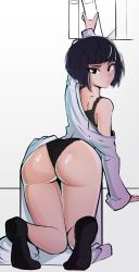 Rule 34 | absurdres, aidan core, ass, clothing aside, doctor, from behind, gluteal fold, highres, kneeling, lab coat, looking back, panties, persona, persona 5, short hair, takemi tae, underwear
