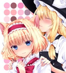 Rule 34 | 2girls, alice margatroid, animal ear fluff, animal ears, bad id, bad pixiv id, black dress, black headwear, blonde hair, blush, bow, cat ears, closed eyes, collared shirt, dress, dress shirt, frilled hairband, frills, hair between eyes, hairband, hat, hat bow, kemonomimi mode, kirisame marisa, long hair, multiple girls, nanase nao, parted lips, red bow, red hairband, shirt, sleeveless, sleeveless dress, touhou, trembling, white background, white bow, white shirt, witch hat