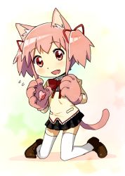 Rule 34 | 10s, 1girl, animal ears, animal hands, bad id, bad pixiv id, cat ears, cat paws, cat tail, fang, female focus, hair ribbon, kaname madoka, kemonomimi mode, loafers, long sleeves, mahou shoujo madoka magica, mahou shoujo madoka magica (anime), mitakihara school uniform, pink eyes, pink hair, ribbon, school uniform, shoes, short twintails, skirt, smile, solo, tail, thighhighs, twintails, white thighhighs, yoplait, zettai ryouiki