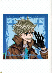 Rule 34 | absurdres, alternate costume, alternate hairstyle, blue eyes, blue necktie, blurry, blurry background, bug, butterfly, facial hair, fate/grand order, fate (series), glasses, gloves, hair slicked back, highres, honjou raita, insect, james moriarty (archer) (fate), looking at viewer, mustache, necktie, official art, old, old man