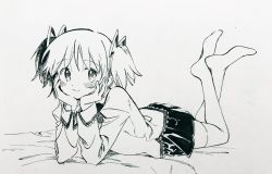 Rule 34 | 1girl, arm support, bed, bed sheet, black skirt, blush, closed mouth, dot nose, facing viewer, feet up, fingernails, full body, grey background, greyscale, hair ribbon, happy, head rest, highres, jewelry, juliet sleeves, kaname madoka, light smile, long sleeves, looking afar, looking to the side, lying, mahou shoujo madoka magica, mahou shoujo madoka magica (anime), mitakihara school uniform, monochrome, no+bi=, no shoes, on bed, on stomach, pleated skirt, puffy sleeves, ribbon, ring, school uniform, simple background, skirt, solo, tareme, thighhighs, twintails, uniform, zettai ryouiki