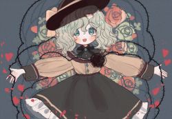 Rule 34 | 1girl, :d, aqua eyes, black hat, blouse, blush, bow, bright pupils, buttons, cowboy shot, diamond button, frilled shirt collar, frilled skirt, frilled sleeves, frills, green hair, green skirt, hair between eyes, hat, hat bow, hat ribbon, heart, koishi day, komeiji koishi, long sleeves, looking at viewer, medium hair, open mouth, outstretched arms, petals, plant, ribbon, shirt, skirt, smile, solo, thorns, touhou, vines, wavy hair, wide sleeves, yellow bow, yellow ribbon, yellow shirt, yujup