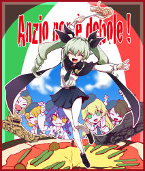 Rule 34 | 10s, 6+girls, amaretto (girls und panzer), anchovy (girls und panzer), anzio (emblem), anzio school uniform, arm up, belt, beret, black cape, black footwear, black hair, black hat, black necktie, black ribbon, black skirt, blonde hair, braid, brown eyes, cape, carpaccio (girls und panzer), carro armato p40, carro veloce cv-33, closed eyes, dress shirt, drill hair, emblem, food, fork, full body, girls und panzer, green eyes, green hair, grin, hair ribbon, hat, holding, holding food, italian flag, italian text, loafers, long hair, long sleeves, looking at viewer, military, military vehicle, miniskirt, motor vehicle, multiple girls, necktie, open mouth, pantyhose, pasta, pepperoni (girls und panzer), pizza, pleated skirt, rapan, red eyes, ribbon, school uniform, shirt, shoes, short hair, side braid, skirt, smile, solo focus, spaghetti, standing, standing on one leg, tank, translation request, twin drills, twintails, white legwear, white shirt