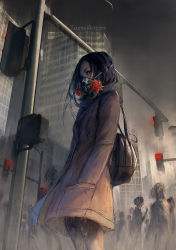 Rule 34 | 1girl, black hair, blue eyes, building, city, coat, commentary, crowd, english commentary, faceless, flower, from below, gas mask, hands in pockets, highres, lamppost, long hair, looking at viewer, mask, original, outdoors, pantyhose, solo focus, standing, third-party source, traffic light, watermark, web address, wind, yuumei
