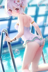 Rule 34 | 1girl, absurdres, armlet, bare shoulders, blurry, blush, breasts, casual one-piece swimsuit, chinese commentary, closed mouth, commentary request, dated, depth of field, elf, flower, gluteal fold, hair between eyes, hair flower, hair ornament, highres, indoors, kneeling, kokkoro (princess connect!), looking at viewer, looking back, one-piece swimsuit, pink flower, pointy ears, pool, pool ladder, princess connect!, red eyes, rei no pool, shadowgrave, signature, silver hair, small breasts, soap bubbles, solo, sparkle, swimsuit, thighs, v-shaped eyebrows, water, white one-piece swimsuit