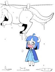 Rule 34 | 1girl, ahoge, blue cape, blue dress, blue hair, cape, chibi, covered mouth, curled horns, dinosaur costume, dinosaur girl, dress, drying, drying clothes, horns, mask, mouth mask, multicolored hair, one piece, pink eyes, pink hair, pink mask, raine (acke2445), short hair, solo, streaked hair, tearing up, ulti (one piece), water, wet