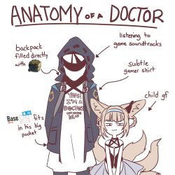 Rule 34 | 1girl, 1other, :3, absurdres, anatomy of a gamer (meme), animal ear fluff, animal ears, arknights, arrow (symbol), black jacket, blonde hair, blush stickers, braided hair rings, doctor (arknights), english text, fox ears, fox girl, fox tail, hairband, hashtag-only commentary, highres, hood, hood up, hooded jacket, jacket, looking at viewer, meme, multiple tails, orirock (arknights), parody, ricinus, shirt, suzuran (arknights), tail, text print, v-shaped eyebrows, white background, white hair, white shirt