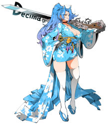 Rule 34 | 1girl, black gloves, blue footwear, blue hair, breasts, cleavage, commission, gloves, gun, gunblade, hand on own hip, handgun, holding, holding weapon, japanese clothes, kafun, kimono, large breasts, long hair, obi, original, ponytail, revolver, sandals, sash, skeb commission, skindentation, smile, solo, thighhighs, weapon, white background