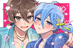 Rule 34 | 2boys, 417 (i7-4i), absurdres, ahoge, alternate hairstyle, arm around shoulder, bishounen, blue hair, blush, braid, brown eyes, brown hair, earrings, edmond (nu carnival), eiden (nu carnival), gem, green ribbon, hair between eyes, hair ornament, hair ribbon, hairpin, heart, highres, japanese clothes, jewelry, kimono, light blue hair, looking at viewer, low ponytail, male focus, multiple boys, necklace, nu carnival, open mouth, pink background, pixel heart, ribbon, short hair, side braid, tassel, tassel earrings, yaoi
