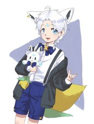 Rule 34 | 1boy, ahoge, animal ears, azureaoba, blouse, blue bow, blue bowtie, blue eyes, blue shorts, bow, bowtie, commentary, doll, earrings, english commentary, extra ears, fox boy, fox ears, grey jacket, hair between eyes, holding, holding doll, hololive, jacket, jewelry, looking at viewer, open clothes, open jacket, open mouth, parted bangs, personification, shirt, shorts, simple background, sukonbu (shirakami fubuki), virtual youtuber, white background, white hair, white shirt