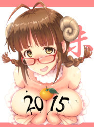 Rule 34 | 10s, 1girl, 2015, akizuki ritsuko, antenna hair, breast hold, breasts, brown eyes, brown hair, covering nipples, covering privates, fuyube rion, horns, idolmaster, idolmaster (classic), large breasts, long hair, looking at viewer, open mouth, sheep horns, smile, smirk, solo