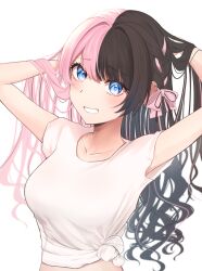 Rule 34 | 1girl, absurdres, black hair, blue eyes, blush, bow, collarbone, commentary request, grin, hair bow, hands in hair, highres, long hair, looking at viewer, midriff, miduki yoshi, multicolored hair, pink bow, pink hair, shirt, simple background, smile, solo, tachibana hinano (vtuber), tied shirt, two-tone hair, upper body, very long hair, virtual youtuber, vspo!, white background, white shirt