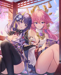 Rule 34 | 2girls, animal ears, bare legs, bare shoulders, black thighhighs, book, braid, breasts, cherry blossoms, cleavage, commentary request, day, detached sleeves, earrings, falling petals, feet out of frame, floppy ears, flower, fox ears, genshin impact, greenapple, grin, hair flower, hair ornament, highres, holding, holding book, japanese clothes, jewelry, kimono, knees up, large breasts, long hair, long sleeves, looking at viewer, looking to the side, low-braided long hair, low-tied long hair, medium breasts, mole, mole under eye, multiple girls, neck ribbon, nontraditional miko, obiage, obijime, open book, outdoors, parted lips, petals, pink hair, pointing, purple flower, purple hair, purple kimono, raiden shogun, ribbon, sash, shirt, short kimono, shrug (clothing), side-by-side, sideboob, sidelocks, single braid, sitting, sleeveless, sleeveless shirt, smile, tassel, thighhighs, thighs, tree, very long hair, white shirt, white sleeves, wide sleeves, yae miko
