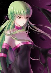 Rule 34 | 1girl, absurdres, black dress, black sleeves, breasts, budgiepon, c.c., cleavage, closed mouth, code geass, collar, collarbone, cosplay, covered navel, detached sleeves, dress, fate/stay night, fate (series), floating hair, green hair, hair between eyes, highres, long hair, medium breasts, medusa (fate), medusa (rider) (fate), medusa (rider) (fate) (cosplay), pink collar, solo, standing, straight hair, strapless, strapless dress, v-shaped eyebrows, very long hair, yellow eyes