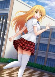 Rule 34 | 1girl, blonde hair, blue sky, blurry, blurry background, blush, breasts, brown footwear, building, cloud, cloudy sky, commission, day, depth of field, hand up, highres, kazenokaze, long hair, looking at viewer, looking back, medium breasts, original, outdoors, plaid, plaid skirt, pleated skirt, puffy short sleeves, puffy sleeves, red skirt, school uniform, shirt, shoes, short sleeves, skindentation, skirt, sky, solo, standing, standing on one leg, thighhighs, v, very long hair, white shirt, white thighhighs, window, yellow eyes
