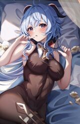 Rule 34 | 1girl, :o, ahoge, armpits, bare arms, bed, bell, black leotard, blue hair, blue nails, blush, bodystocking, breasts, covered navel, flower, ganyu (genshin impact), genshin impact, goat horns, gold trim, groin, hair between eyes, highres, horns, large breasts, leotard, leotard under clothes, long hair, looking at viewer, lying, messy hair, neck bell, no gloves, on back, open mouth, pantyhose, paper, pillow, pink eyes, pink hair, qingxin flower, redrawn, sa-ya2, sidelocks, simple background, sleeveless, sweatdrop, tareme, white flower