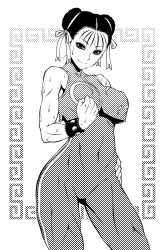 Rule 34 | 1990s (style), 1girl, alternate costume, bodysuit, breasts, capcom, chun-li, covered navel, crop top, crop top overhang, double bun, fugetac, greyscale, hair ribbon, hand on own hip, highres, large breasts, monochrome, monochrome, muscular, ribbon, sleeveless, solo, street fighter, street fighter zero (series), studded bracelet, sweat, toned, unitard