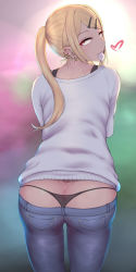 Rule 34 | 10s, 1girl, ass, back tattoo, black panties, black vest, blonde hair, blue pants, brown eyes, butt crack, clothes pull, commentary request, condom, condom in mouth, cowboy shot, dagashi kashi, denim, ear piercing, earrings, endou saya, fang, from behind, glint, hair ornament, hairclip, heart, heart tattoo, highres, hoop earrings, jeans, jewelry, leaning forward, long hair, long sleeves, looking at viewer, looking back, mouth hold, nikuku (kazedesune), panties, pants, pants pull, parted bangs, piercing, pocket, ponytail, sanpaku, see-through, shade, shoulder tattoo, sidelocks, solo, standing, sweater, tattoo, thong, tight clothes, tight pants, tramp stamp, underwear, vest, whale tail (clothing), white sweater