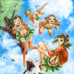Rule 34 | 4girls, boots, bra, breasts, cleavage, cloud, day, closed eyes, falling, from below, goggles, goggles on head, green eyes, green hair, green skirt, gumi, headphones, jacket, lingerie, medium breasts, gumi (v3 megpoid), midriff, miniskirt, multiple girls, multiple persona, navel, open mouth, pleated skirt, short hair, shorts, skirt, sky, suspender skirt, suspenders, thigh boots, thighhighs, underboob, underwear, vocaloid, youcapriccio, yuu (higashi no penguin), zettai ryouiki