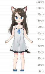 Rule 34 | 1girl, absurdres, aina (mao lian), animal ear fluff, animal ears, bare arms, bare shoulders, blue eyes, blue footwear, blue ribbon, blush, brown hair, cat ears, cat tail, child, closed mouth, dot nose, dress, grey dress, height chart, highres, long hair, mao lian (nekokao), original, pigeon-toed, ribbon, see-through silhouette, shoes, smile, solo, sundress, tail
