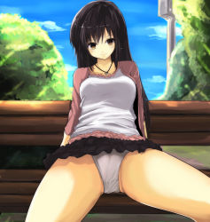 Rule 34 | 1girl, bad id, bad pixiv id, bench, black hair, black skirt, blouse, blue sky, breasts, brown eyes, brown hair, cafe au lait (kafeore), cameltoe, cardigan, closed mouth, cloud, cloudy sky, cowboy shot, day, exhibitionism, female pervert, grey panties, highres, jewelry, light smile, long hair, looking at viewer, medium breasts, miniskirt, necklace, open cardigan, open clothes, original, outdoors, panties, pantyshot, park bench, pervert, public indecency, shirt, sitting, skirt, sky, smile, solo, spread legs, thighs, underwear, upskirt, white shirt