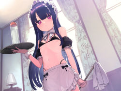 Rule 34 | 1girl, apron, backlighting, bikini, black bikini, blue hair, bow, bowtie, breasts, commentary request, cowboy shot, detached sleeves, duster, frilled apron, frilled hairband, frills, hairband, highleg, highleg bikini, highres, holding, holding tray, indoors, long hair, looking at viewer, lotion bottle, maid, maid bikini, maid headdress, navel, original, puffy sleeves, purple eyes, see-through, signalviolet, small breasts, solo, swimsuit, tray, unconventional maid, window, wrist cuffs