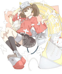 Rule 34 | 10s, 1girl, bird, black socks, brown eyes, brown hair, brown skirt, chick, chicken, chinese zodiac, collared shirt, hand on headwear, japanese clothes, kantai collection, kariginu, kneehighs, machinery, magatama, matching hair/eyes, new year, ninimo nimo, onmyouji, pleated skirt, rooster, ryuujou (kancolle), scroll, shikigami, shirt, simple background, skirt, smile, socks, solo, suspenders, twintails, visor cap, white background, year of the rooster
