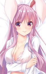 Rule 34 | 1girl, animal ears, arm under breasts, bad id, bad pixiv id, bed sheet, blush, bra, breast hold, breasts, cleavage, collarbone, commentary request, highres, hisae (hisae collect), large breasts, lips, long hair, long sleeves, looking at viewer, lying, on back, pink bra, purple hair, rabbit ears, red eyes, reisen udongein inaba, shirt, solo, touhou, underwear, upper body, very long hair, white shirt, wing collar