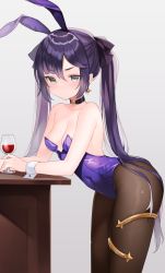 Rule 34 | 1girl, alcohol, animal ears, black hair, blue leotard, breasts, brown pantyhose, choker, covered navel, cup, drinking glass, earrings, fake animal ears, genshin impact, green eyes, highleg, highleg leotard, highres, jewelry, leotard, long hair, looking at viewer, medium breasts, mona (genshin impact), paid reward available, pantyhose, playboy bunny, rabbit ears, shouu-kun, simple background, solo, star (symbol), star earrings, thighlet, thighs, twintails, white background, wine, wine glass, wrist cuffs