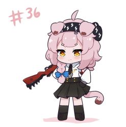 Rule 34 | 1girl, ahoge, animal ears, arknights, armband, black gloves, black hairband, black necktie, black skirt, blue archive, blue bow, blush, bolt action, bow, braid, cat ears, cat girl, cat tail, closed mouth, collared shirt, colored shadow, commentary, cosplay, english commentary, gloves, goldenglow (arknights), gun, hair bow, hair over shoulder, hairband, holding, holding gun, holding weapon, iori (blue archive), iori (blue archive) (cosplay), kurotofu, lightning bolt print, long hair, long sleeves, mauser 98, necktie, pink hair, pleated skirt, print hairband, puffy long sleeves, puffy sleeves, rifle, sakura ayane, shadow, shirt, short eyebrows, simple background, single braid, skirt, solo, tail, thick eyebrows, voice actor connection, weapon, white background, white shirt