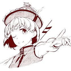 Rule 34 | 1girl, hat, hi you (flying bear), lyrica prismriver, monochrome, one eye closed, pointing, short hair, simple background, smile, solo, star (symbol), touhou, white background