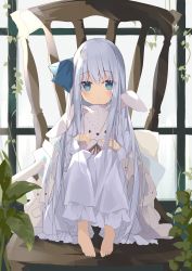Rule 34 | 1girl, barefoot, blue bow, blue eyes, bow, chair, closed mouth, commentary request, dress, full body, hair between eyes, hair bow, highres, knees up, kushida you, long hair, long sleeves, looking at viewer, on chair, original, oversized object, pillow, puffy long sleeves, puffy sleeves, silver hair, sitting, solo, stuffed animal, stuffed rabbit, stuffed toy, teddy bear, very long hair, white dress