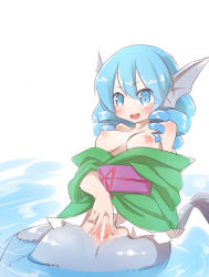 Rule 34 | 1girl, animal ears, anus, blue eyes, blue hair, blush, breasts, censored, clothes pull, drill hair, fins, head fins, japanese clothes, long sleeves, matching hair/eyes, medium breasts, mermaid, monster girl, nipples, obi, off shoulder, open mouth, pussy, sash, short hair, smile, solo, spread pussy, topless, touhou, wakasagihime, water, wide sleeves, yuuki (yuyuki000)