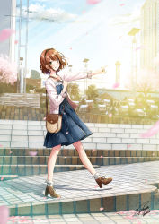 Rule 34 | ankle boots, arm up, bag, blue dress, blurry, blush, boots, brown eyes, brown hair, cardigan, cherry blossoms, city, cloud, collarbone, cross-laced footwear, depth of field, dress, earrings, grin, hairband, handbag, high heels, highres, jewelry, kazuharu kina, lace-up boots, light particles, looking at viewer, looking to the side, necklace, original, petals, pointing, short hair, signature, sky, smile, solo, spring (season), stairs, walking, wavy hair