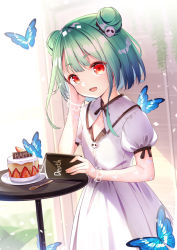 Rule 34 | 1girl, :d, animal, blush, book, bug, butterfly, cake, commentary request, dress, food, fruit, green hair, hair ornament, hand up, highres, hololive, insect, looking at viewer, open book, open mouth, puffy short sleeves, puffy sleeves, red eyes, short sleeves, skull hair ornament, smile, solo, spoon, strawberry, table, teeth, upper teeth only, uruha rushia, virtual youtuber, white dress, yan (nicknikg)