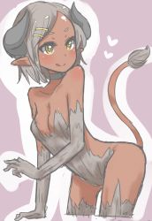 Rule 34 | 1girl, :q, ass, blush, breasts, choker, cleavage, dark-skinned female, dark skin, elbow gloves, gloves, grey gloves, grey hair, grey thighhighs, hair ornament, hairclip, highres, horns, leotard, malice stella, original, pointy ears, short hair, small breasts, smile, solo, tail, thighhighs, tongue, tongue out, yellow eyes