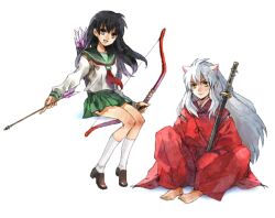 Rule 34 | 1boy, 1girl, animal ears, arrow (projectile), barefoot, black hair, bow, bow (weapon), brown eyes, brown footwear, commentary request, dog boy, dog ears, green sailor collar, green skirt, hands on lap, higurashi kagome, holding, holding arrow, holding bow (weapon), holding sword, holding weapon, inuyasha, inuyasha (character), invisible chair, japanese clothes, kneehighs, long hair, long sleeves, looking at viewer, miniskirt, necktie, on ground, open mouth, pants, puffy pants, red bow, red necktie, red pants, sailor collar, scabbard, school uniform, serafuku, shadow, sheath, shima (inukago), sidelocks, sitting, skirt, sleeve cuffs, smile, socks, sword, weapon, white hair, white socks, yellow eyes