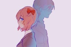 Rule 34 | 1boy, 1girl, back-to-back, blue eyes, bow, commentary request, doki doki literature club, faceless, faceless male, hair bow, pink hair, profile, protagonist (doki doki literature club), red bow, sayori (doki doki literature club), school uniform, short hair, simple background, sora (efr)