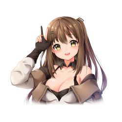 Rule 34 | 1girl, :d, absurdres, arm up, bare shoulders, black collar, bloody0rabby, blush, breasts, brown eyes, brown gloves, brown hair, cleavage, collar, collarbone, detached collar, girls&#039; frontline, gloves, hair between eyes, hair ornament, hairclip, head tilt, highres, jacket, k2 (girls&#039; frontline), large breasts, long sleeves, looking at viewer, one side up, open mouth, partially fingerless gloves, round teeth, simple background, smile, solo, teeth, upper body, upper teeth only, w, white background, white jacket, wing collar