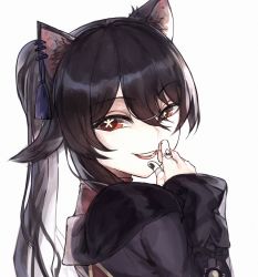 Rule 34 | 1girl, :d, animal ears, black nails, brown hair, cat ears, cat girl, face, genshin impact, half-closed eyes, highres, hu tao (genshin impact), jewelry, long hair, long sleeves, looking at viewer, nail polish, nazumide, open mouth, red eyes, ring, simple background, smile, solo, twintails, white background