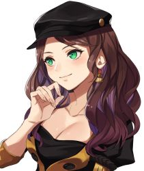 Rule 34 | 1girl, blush, breasts, brown hair, cleavage, collarbone, dorothea arnault, earrings, eyelashes, female focus, fingernails, fire emblem, fire emblem: three houses, green eyes, hat, jewelry, kamu (kamuuei), long hair, looking at viewer, nintendo, simple background, smile, solo, solo focus, uniform, upper body, white background
