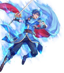 Rule 34 | 1boy, attack, aura, blue aura, blue cape, blue eyes, blue hair, cape, fingerless gloves, fire emblem, fire emblem: mystery of the emblem, fire emblem engage, fire emblem heroes, floating, gloves, highres, holding, holding sword, holding weapon, marth (emblem) (fire emblem), marth (fire emblem), multicolored cape, multicolored clothes, nintendo, non-web source, open mouth, red cape, solo, sword, tiara, weapon