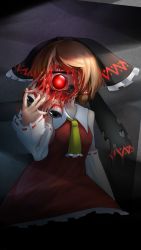 Rule 34 | 1girl, android, black background, black bow, black eyes, blood, bow, brown hair, commentary, cookie (touhou), cowboy shot, detached sleeves, dress, english commentary, faceless, faceless female, flesh, frilled bow, frills, glowing, glowing eye, guro, hair bow, hair tubes, hakurei reimu, highres, large bow, looking at viewer, mochiya (cookie), necktie, red dress, ribbon-trimmed sleeves, ribbon trim, short hair, solo, swept bangs, tongjm, torn bow, torn clothes, torn sleeves, touhou, white sleeves, yellow necktie