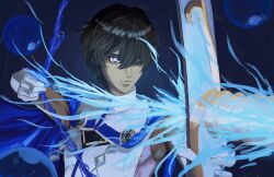 Rule 34 | 1boy, absurdres, aiming, arjuna (fate), black hair, blue cape, bow (weapon), cape, dark skin, energy arrow, fate/grand order, fate (series), gold, hair between eyes, harmony, highres, holding, holding bow (weapon), holding weapon, jewelry, shirt, short hair, simple background, undershirt, upper body, weapon, white shirt