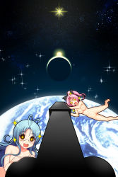 Rule 34 | + +, 2001, 2001 a space odyssey, 2girls, blue hair, bow, breasts, earth (planet), glasses, hair bow, happy, highres, long hair, moon, multiple girls, navel, nipples, nitroplus, no pussy, nude, open mouth, outdoors, parody, phallic symbol, pink hair, planet, polaris (star), sexually suggestive, space, star (symbol), sun, what