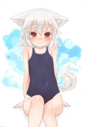 Rule 34 | 1girl, aged down, animal ear fluff, animal ears, blue one-piece swimsuit, blush, commentary request, covered erect nipples, covered navel, flat chest, hair between eyes, highres, inubashiri momiji, kibisake, looking at viewer, navel, one-piece swimsuit, red eyes, school swimsuit, short hair, simple background, smile, solo, swimsuit, tail, touhou, white background, white hair, wolf ears, wolf tail