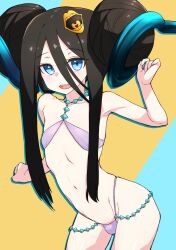 Rule 34 | 1boy, :d, bare shoulders, bikini, black hair, blue eyes, blush, bulge, crossdressing, hair between eyes, hair ornament, highres, horns, long hair, looking at viewer, male focus, missile (55missile), navel, open mouth, paimon (p&amp;d), penis in swimsuit, puzzle &amp; dragons, smile, solo, swimsuit, teeth, trap