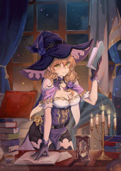 Rule 34 | 1girl, belt, blush, book, book stack, breasts, brown hair, candle, candlelight, candlestand, cleavage, closed mouth, commentary, curtains, flower, genshin impact, gloves, green eyes, hair between eyes, hair flower, hair ornament, hat, hat flower, highres, holding, holding book, indoors, lisa (genshin impact), medium breasts, medium hair, mihan77108047, purple flower, purple gloves, purple rose, rose, solo, standing, table, vision (genshin impact), window, witch hat